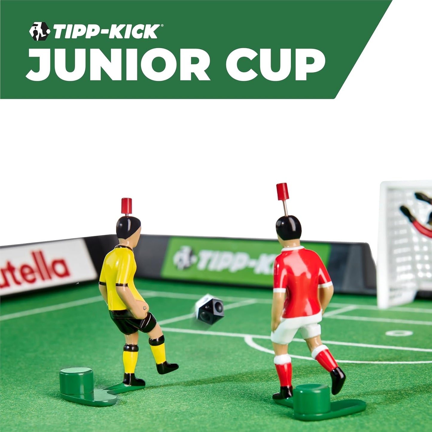 TIPP-KICK Junior Cup Soccer Tabletop Game Set – Large Felt Field with Borders, 2 Metal Kickers, 2 Goalkeepers, Goals and Balls – German Family Soccer Toy for Kids and Adults, Portable Sports Fun