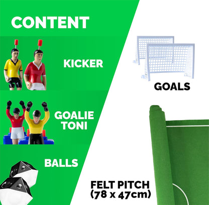 TIPP-KICK Classic Soccer Tabletop Game Set – Compact Felt Field, 2 Metal Kickers, 2 Diving Goalkeepers, Goals and Balls – Portable Family Toy for Kids and Adults, Authentic German Football Action