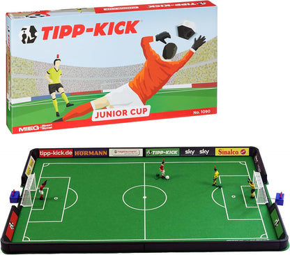 TIPP-KICK Junior Cup Soccer Tabletop Game Set – Large Felt Field with Borders, 2 Metal Kickers, 2 Goalkeepers, Goals and Balls – German Family Soccer Toy for Kids and Adults, Portable Sports Fun