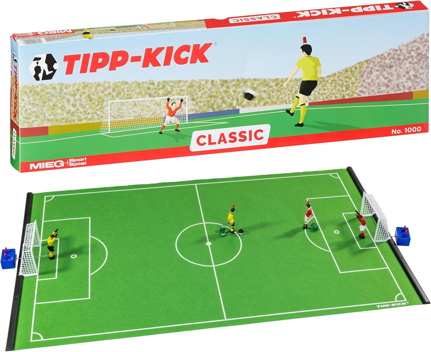 TIPP-KICK Classic Soccer Tabletop Game Set – Compact Felt Field, 2 Metal Kickers, 2 Diving Goalkeepers, Goals and Balls – Portable Family Toy for Kids and Adults, Authentic German Football Action